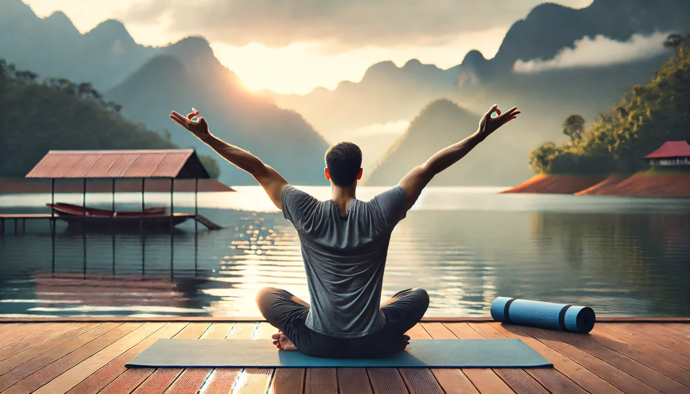 A scenic outdoor yoga practice with a man performing a gentle eagle arms pose while seated on a yoga mat. The tranquil lakeside view with mountains and soft morning light creates a soothing focus on relieving shoulder pain.