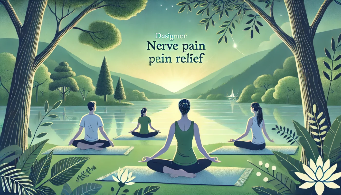 A peaceful yoga and meditation session designed for nerve pain relief, featuring individuals practicing gentle yoga poses and mindfulness techniques in an outdoor setting with lush greenery.