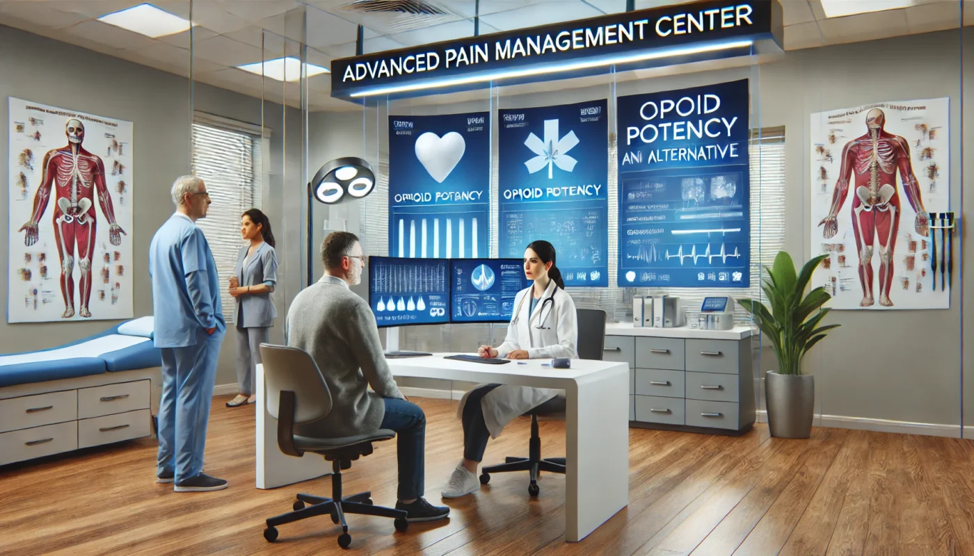 An advanced pain management center where healthcare professionals consult with a patient about opioid potency and alternative treatments.