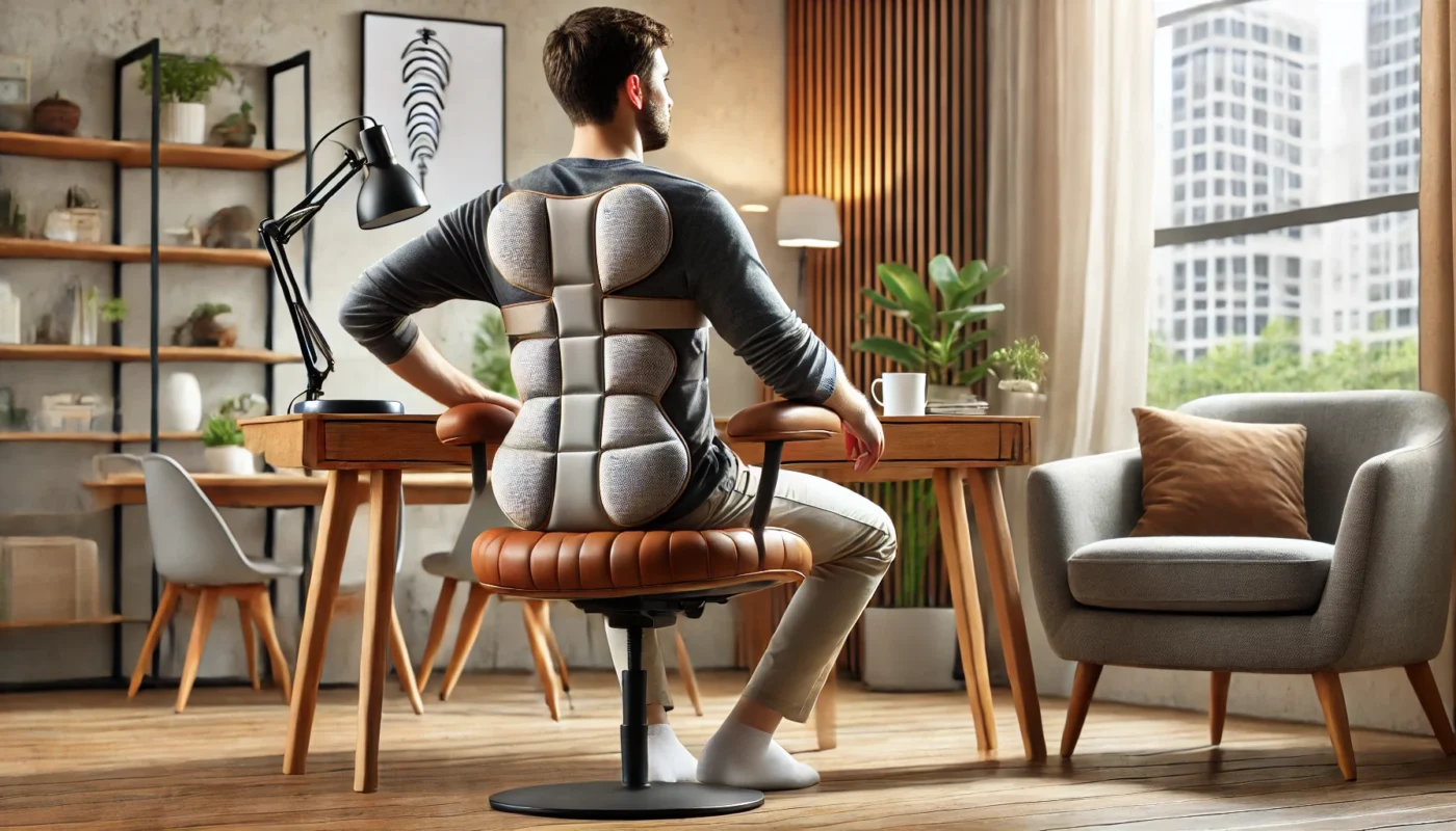 A modern home setting with a person using a high-quality ergonomic back support cushion on a comfortable chair, illustrating the best tools to alleviate back pain.