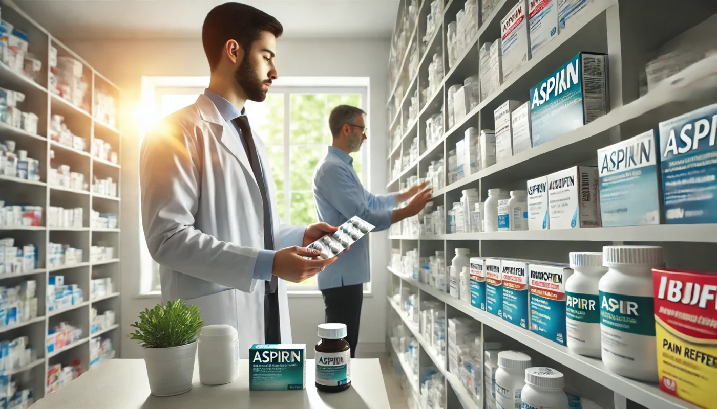 A modern pharmacy setting where a pharmacist is organizing different types of pain relievers, including aspirin, acetaminophen, and ibuprofen, on a well-lit shelf.