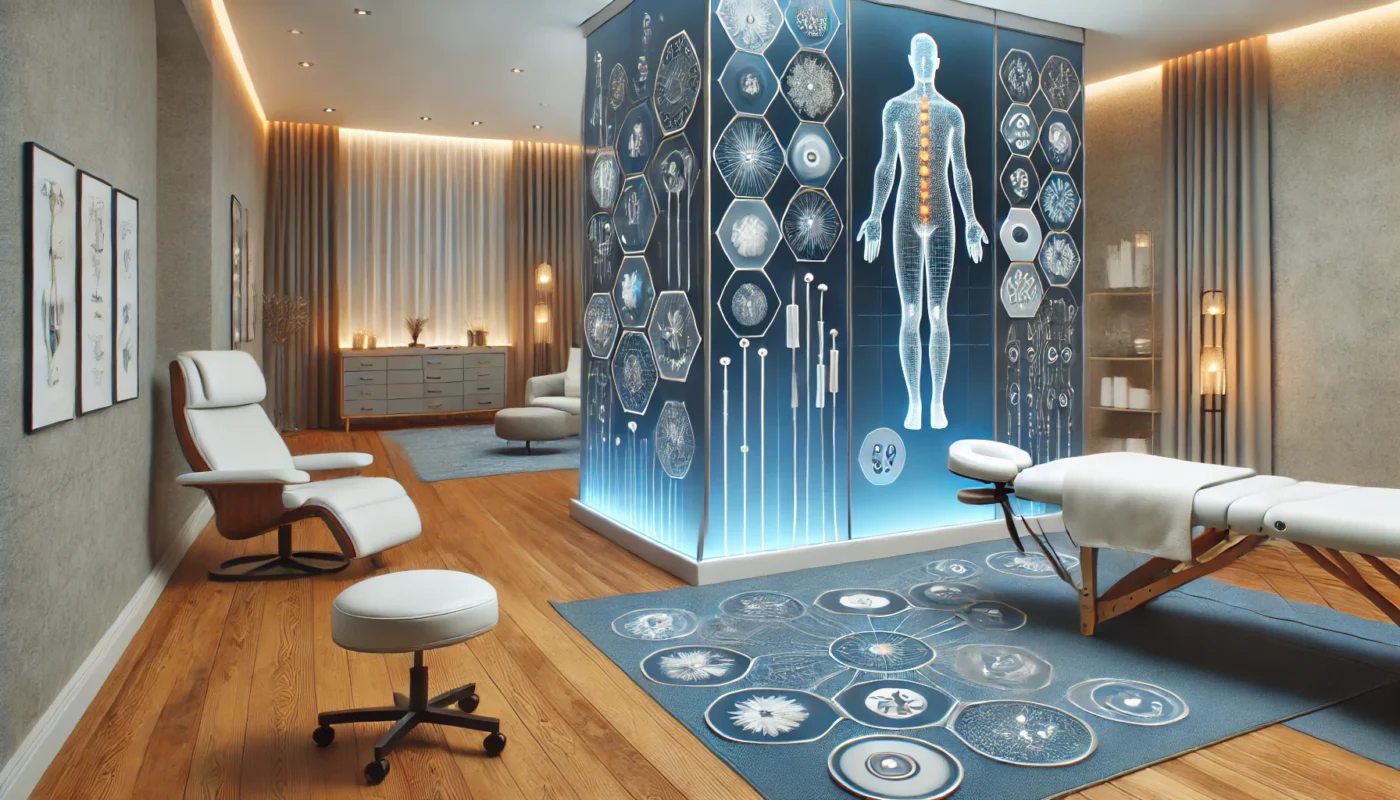 "A modern wellness center showcasing various pain relief methods, including massage therapy, acupuncture, and hydrotherapy. The serene environment and advanced equipment highlight holistic approaches to pain management."