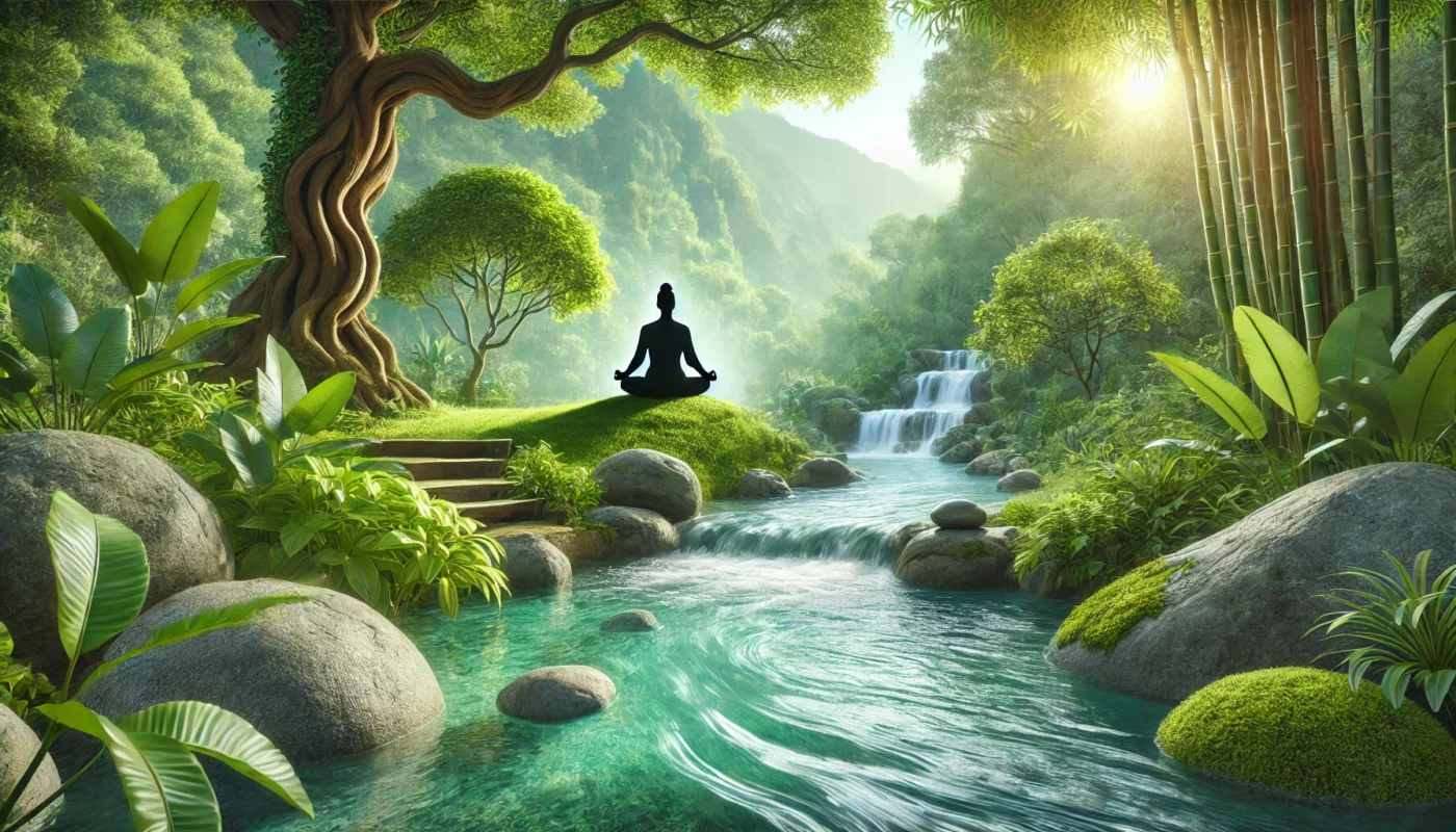 A tranquil wellness retreat with a person meditating in a lush green outdoor setting, surrounded by natural elements like flowing water, rocks, and trees. The scene emphasizes mindfulness and relaxation as a natural remedy for pain management.