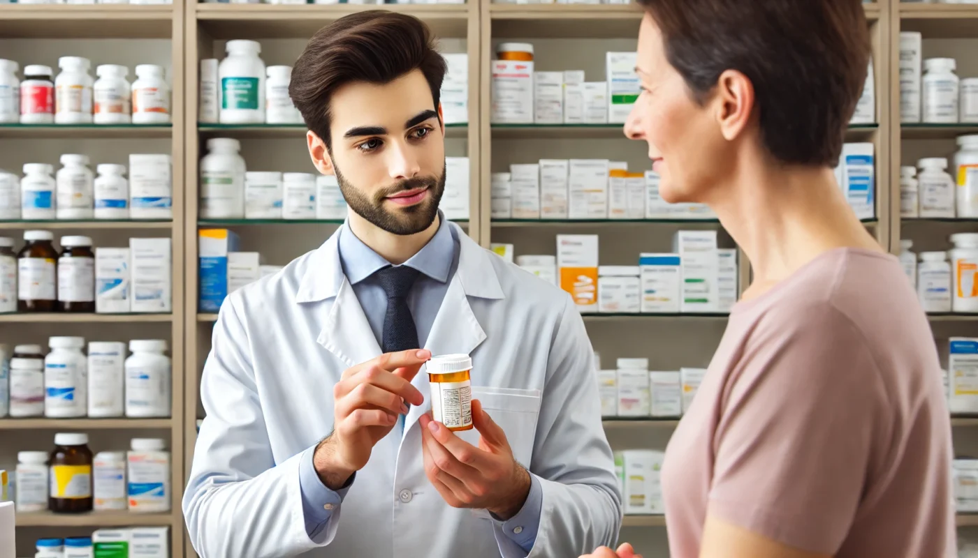 A modern pharmacy setting where a pharmacist is carefully explaining medication instructions to a patient. The pharmacist is holding a pill bottle while the patient listens attentively. The background features shelves stocked with various prescription medications, ensuring a professional healthcare environment.