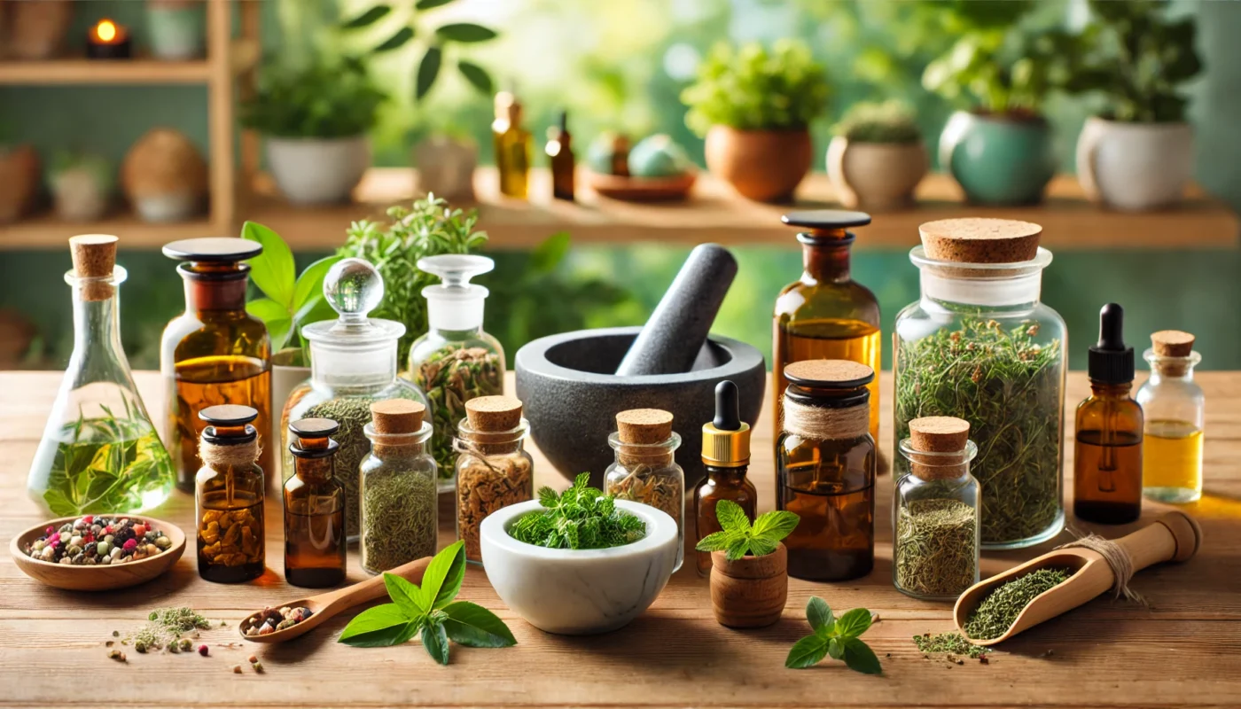 A serene herbal medicine setup featuring a variety of natural remedies as alternatives to Tylenol. The scene includes neatly arranged glass jars filled with dried herbs, essential oils, and traditional herbal tinctures placed on a wooden table. A mortar and pestle with freshly crushed herbs is in the foreground, emphasizing natural preparation. In the background, a calming environment with green plants and soft natural light enhances the holistic and wellness-focused atmosphere.