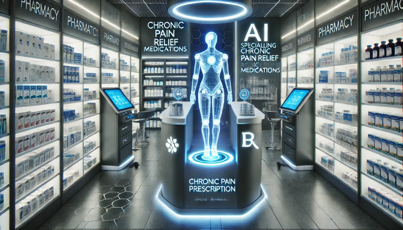 A futuristic pharmacy specializing in chronic pain relief medications, equipped with robotic dispensers, holographic prescription displays, and AI-powered medication consultations in a sleek, technologically advanced setting.