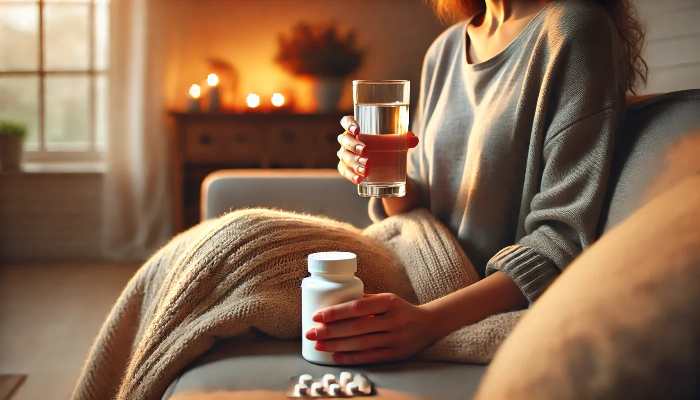 "A serene home environment where a person is sitting on a couch, holding a glass of water and a bottle of pain relief medication. The person appears relaxed, with a cozy blanket draped over their legs, and soft lighting in the room. A warm and peaceful atmosphere." Let me know if you need more!