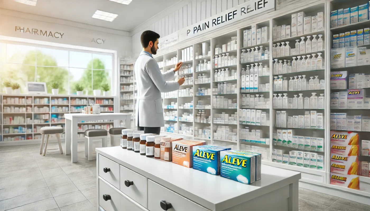 A modern pharmacy with a well-organized display of over-the-counter pain relief medications, including Aleve and muscle relaxers. The setting is bright and clean, with a pharmacist carefully arranging medications on the shelves, conveying a sense of professional guidance and healthcare support.