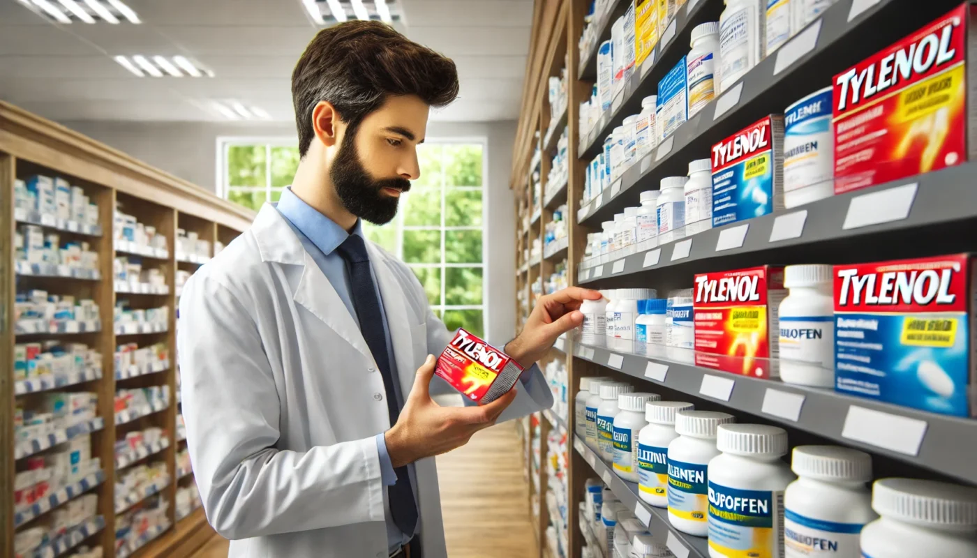 A modern pharmacy setting where a pharmacist is carefully selecting between Tylenol and Ibuprofen bottles from a well-organized shelf. The pharmacy is brightly lit, with neatly arranged medications in the background, conveying a professional and informative atmosphere.