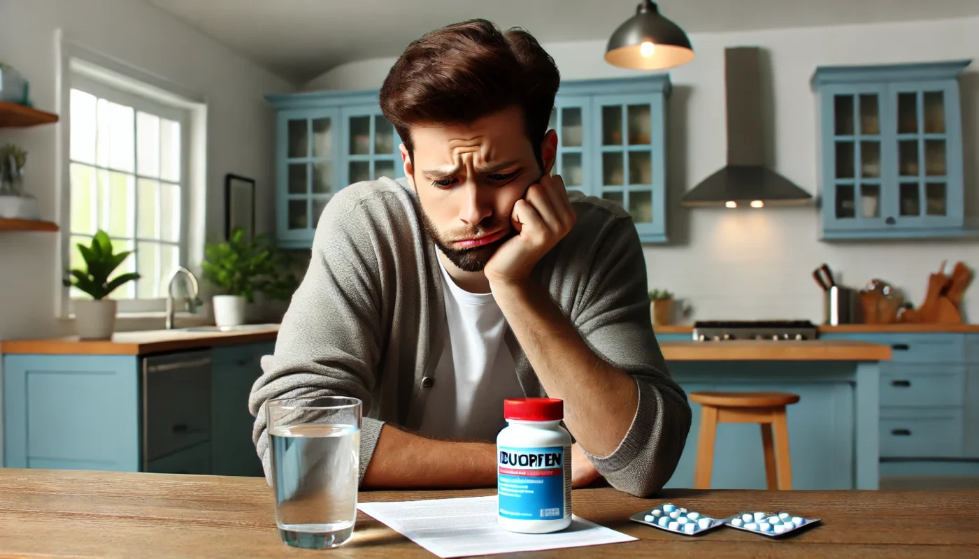 A frustrated person sitting at a kitchen table with a bottle of ibuprofen and a glass of water, looking disappointed. The setting is a well-lit, modern home, symbolizing an ineffective pain relief attempt.