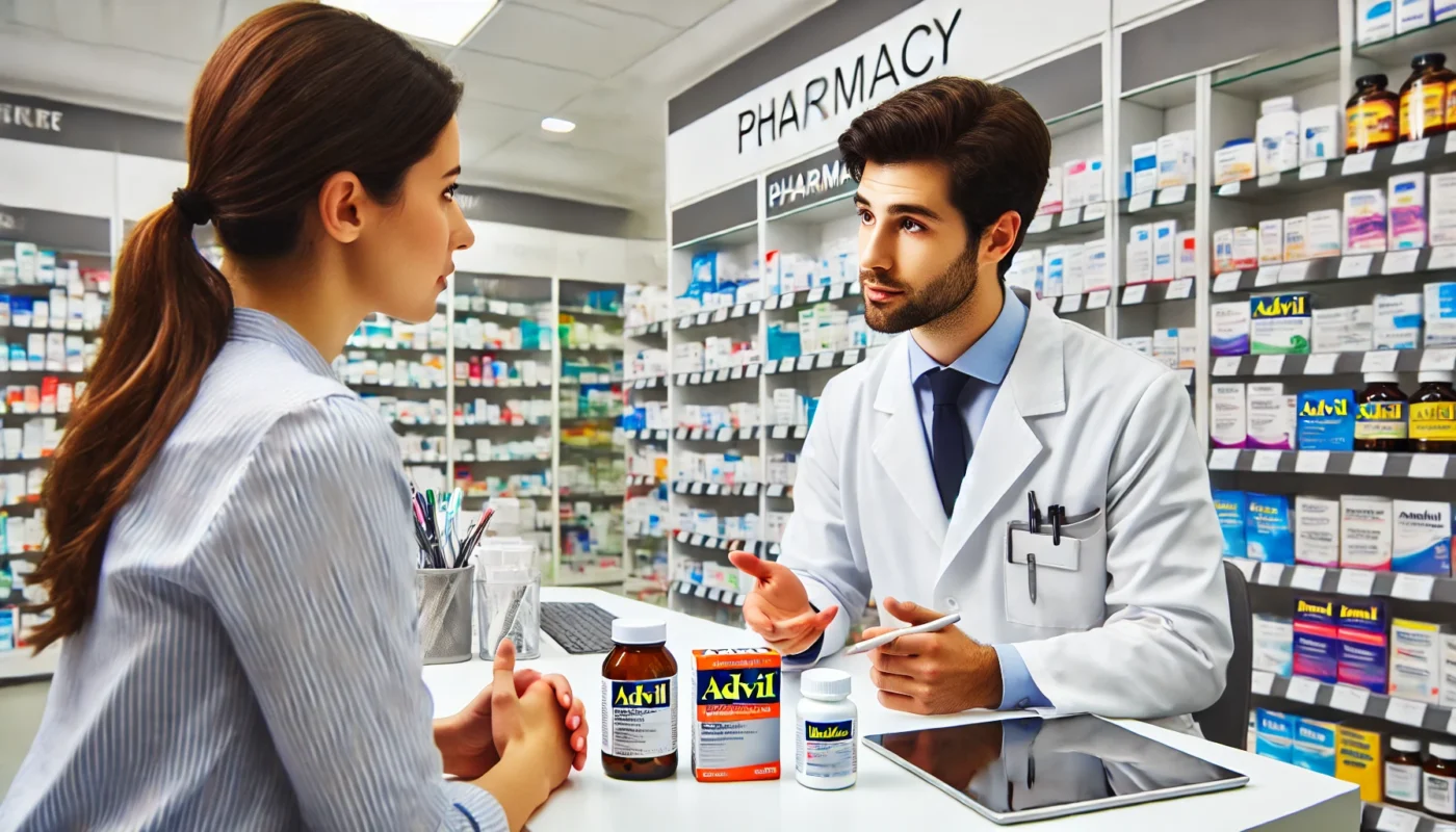  modern pharmacy consultation setting where a pharmacist is explaining the differences between Advil and Ibuprofen to a customer. The pharmacist is attentively pointing at two medicine bottles while the customer listens with interest. The pharmacy shelves in the background are neatly stocked with over-the-counter medications. The setting is clean, professional, and well-lit.