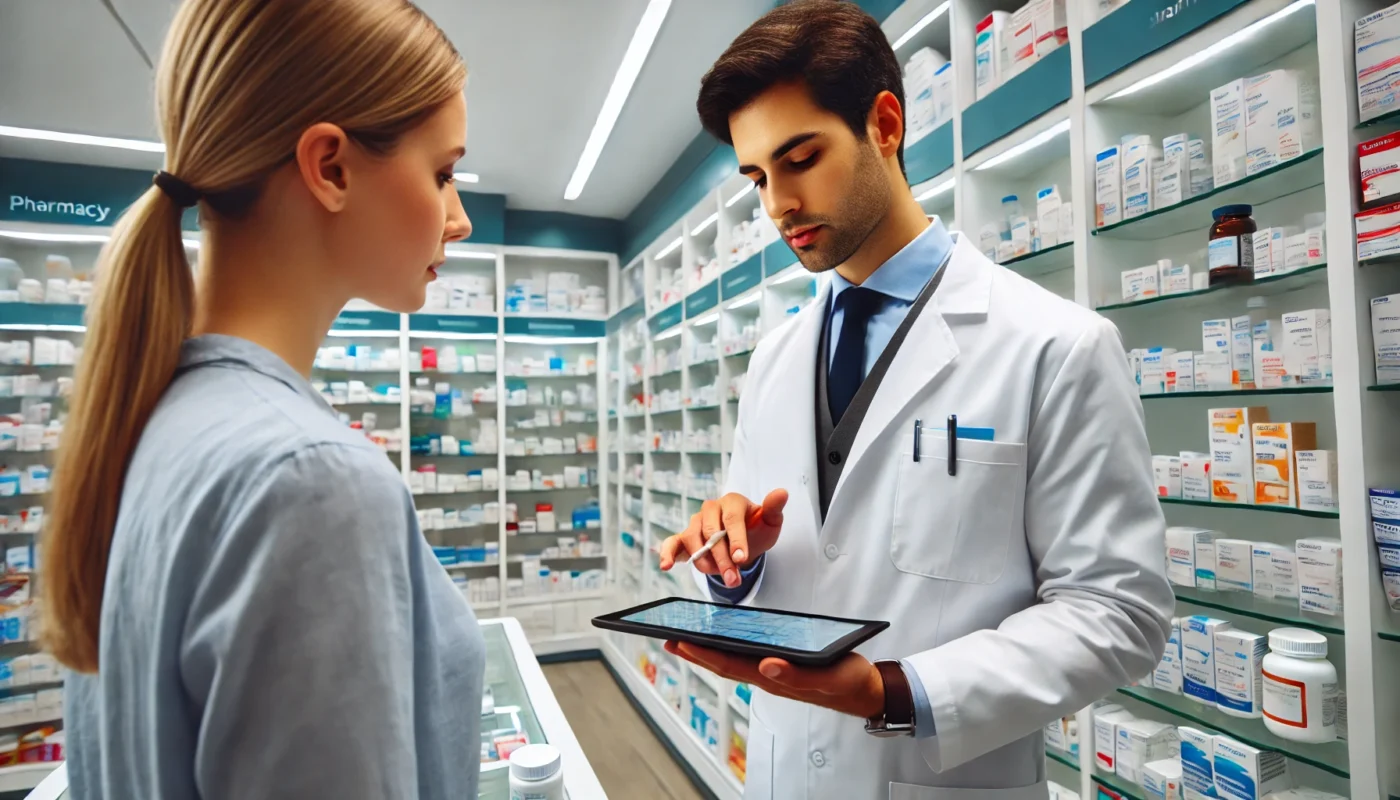 A modern pharmacy setting where a pharmacist is carefully explaining medication interactions to a patient. The environment is clean and professional, with shelves stocked with various medications. The pharmacist is attentively pointing at a digital tablet displaying medical information while the patient listens attentively.