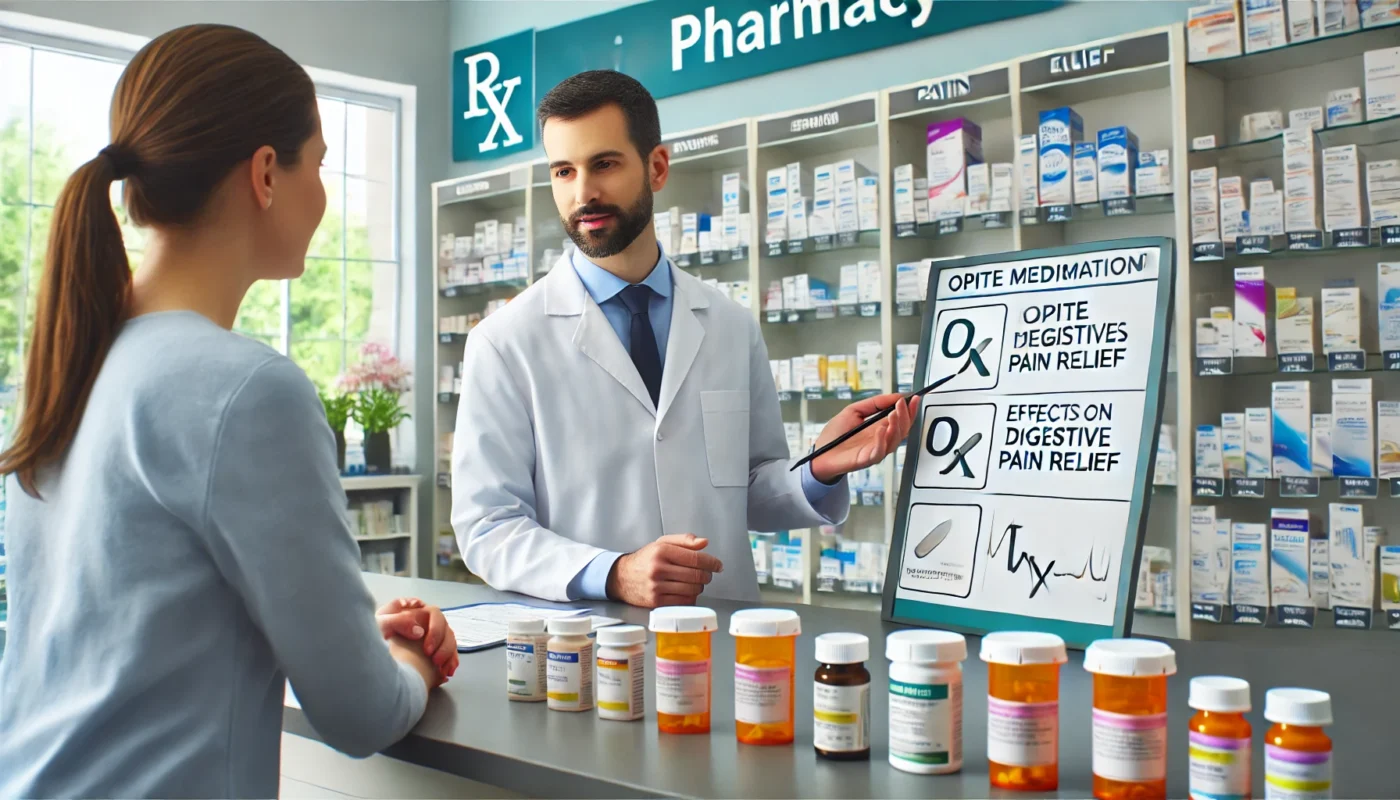 A modern pharmacy setting where a pharmacist is carefully explaining opiate medications and their effects on digestive pain relief to a patient. The pharmacy has well-organized shelves with various prescription medications. The environment is bright and professional, emphasizing patient care and education.