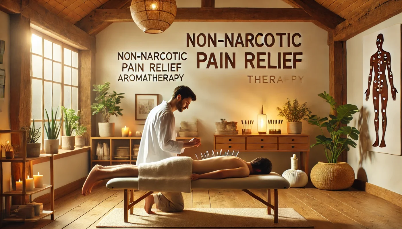 A peaceful holistic wellness center featuring non-narcotic pain relief therapies, including acupuncture, massage, and aromatherapy. The setting is tranquil, with soft lighting, natural wood furnishings, and a relaxing ambiance. A therapist is seen carefully performing acupuncture on a patient in a calm and professional manner.