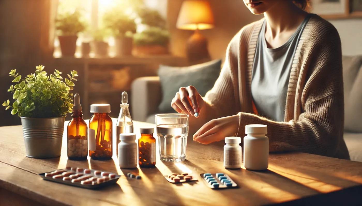 "A peaceful home environment where a person is carefully organizing their medication on a wooden table, ensuring proper dosage and adherence to a pain management routine."