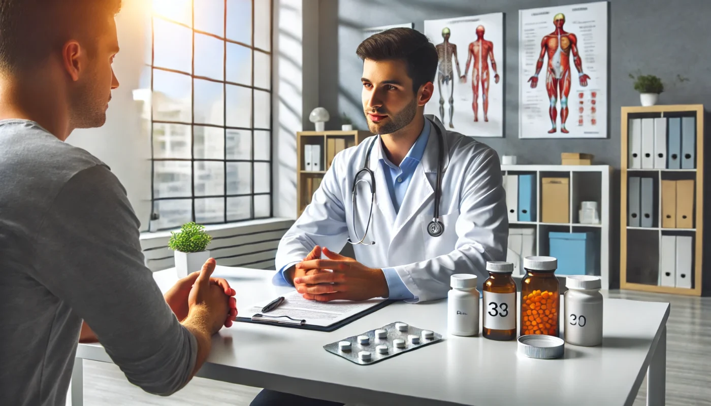 A modern medical setting where a doctor is explaining the effects and duration of different painkillers to a patient. The environment is bright and professional, featuring a desk with various pill bottles and medical charts in the background.