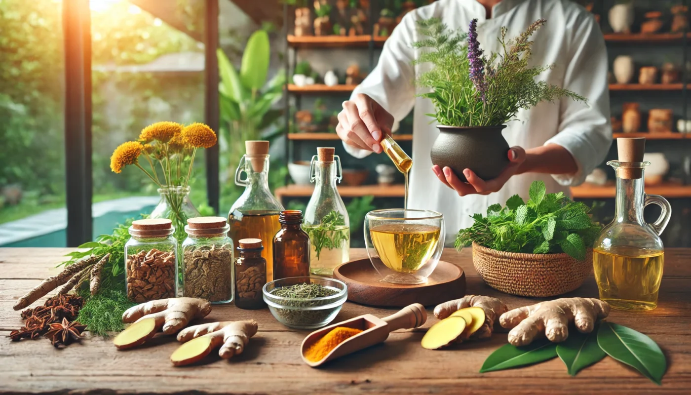 A peaceful wellness setting featuring various natural NSAID alternatives, including turmeric, ginger, and willow bark displayed on a wooden table. A person is preparing a herbal infusion in a glass cup, surrounded by fresh herbs and natural ingredients. The background includes a serene indoor environment with soft natural lighting, promoting a sense of health and well-being.