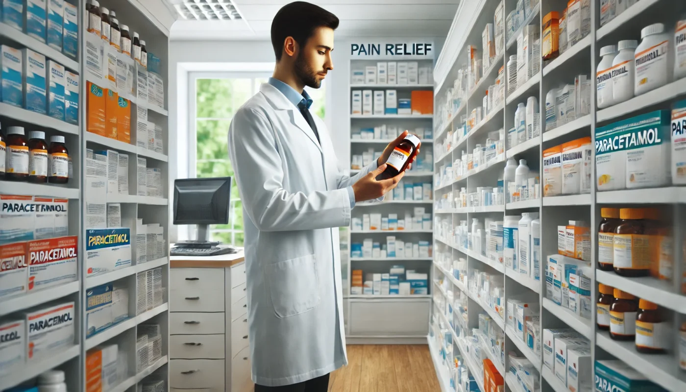 A modern pharmacy setting where a pharmacist is carefully handling a bottle of paracetamol, surrounded by shelves stocked with various pain relief medications. The environment is bright, clean, and professional, emphasizing the role of paracetamol in pain relief.