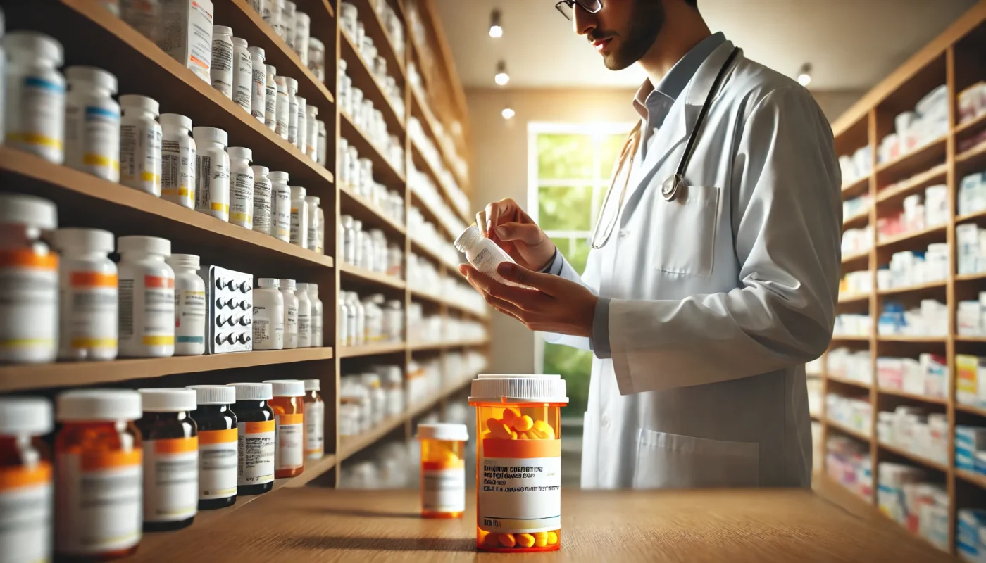 "A modern pharmacy setting with a well-organized display of prescription medication bottles, representing a comprehensive list of common narcotic medications."