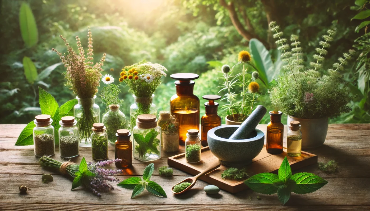 A serene natural setting with a variety of medicinal plants used for natural pain relief. The scene includes lush greenery, herbal remedies displayed in glass jars, and a wooden mortar and pestle. Soft natural light enhances the atmosphere, symbolizing holistic healing and alternative medicine.