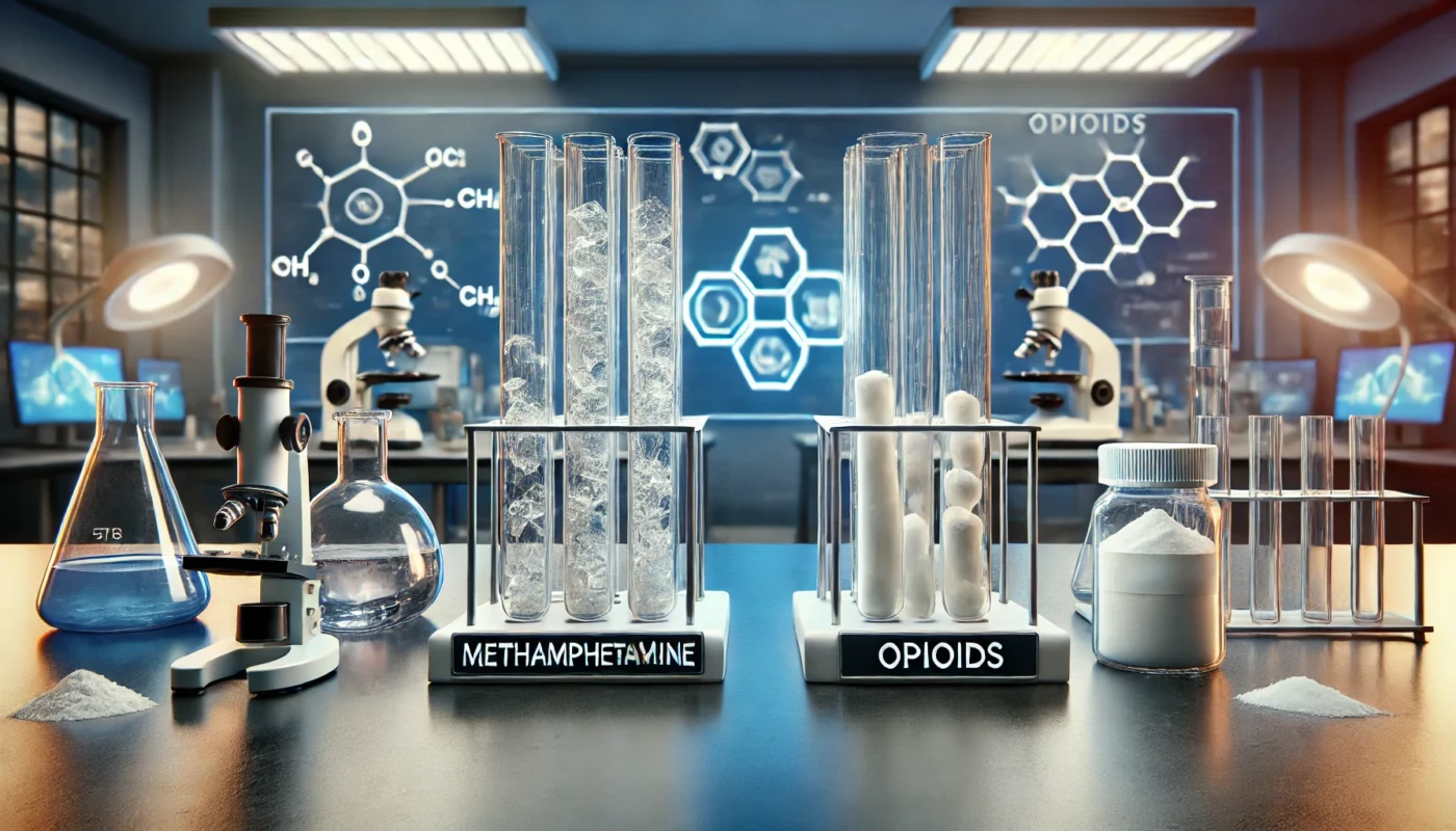 A side-by-side comparison of two distinct drug substances: one representing methamphetamine and the other representing opioids. The image features a well-lit laboratory setting with two separate labeled sections, showcasing their chemical compositions in vials. The methamphetamine section displays crystalline structures, while the opioids section contains white powdered substances in small pharmaceutical containers. The background has a scientific ambiance with high-tech equipment and a research-focused environment.