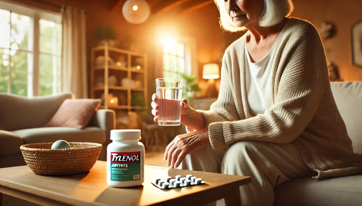 A serene home setting where an elderly person is sitting comfortably, holding a glass of water and preparing to take Tylenol for arthritis pain relief. The environment is warm and inviting, with soft lighting and cozy furnishings, emphasizing comfort and well-being.