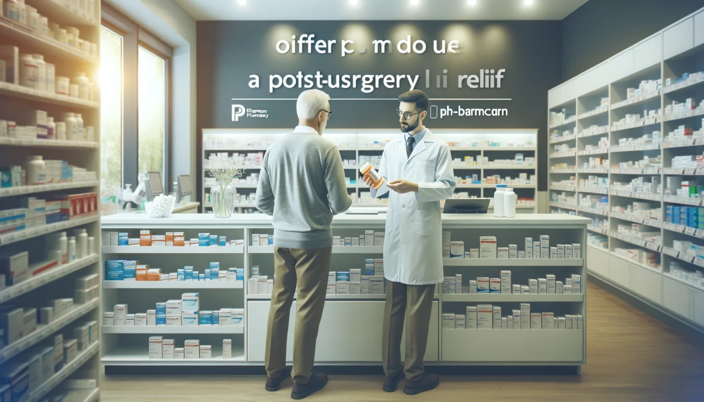 A well-lit modern pharmacy where a pharmacist is assisting a patient with post-surgery pain relief medication. The environment is clean and professional, showcasing shelves stocked with various medications.