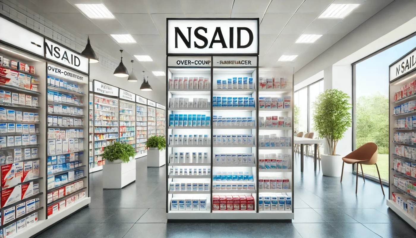 A modern pharmacy with a well-organized display of various over-the-counter NSAID medications, neatly arranged on shelves under bright lighting, emphasizing accessibility and choice.