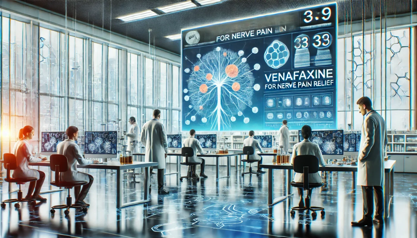 A modern medical research facility where scientists are studying Venlafaxine for nerve pain relief. The laboratory features advanced equipment, a digital interface displaying neurological pathways, and a team of researchers analyzing data.