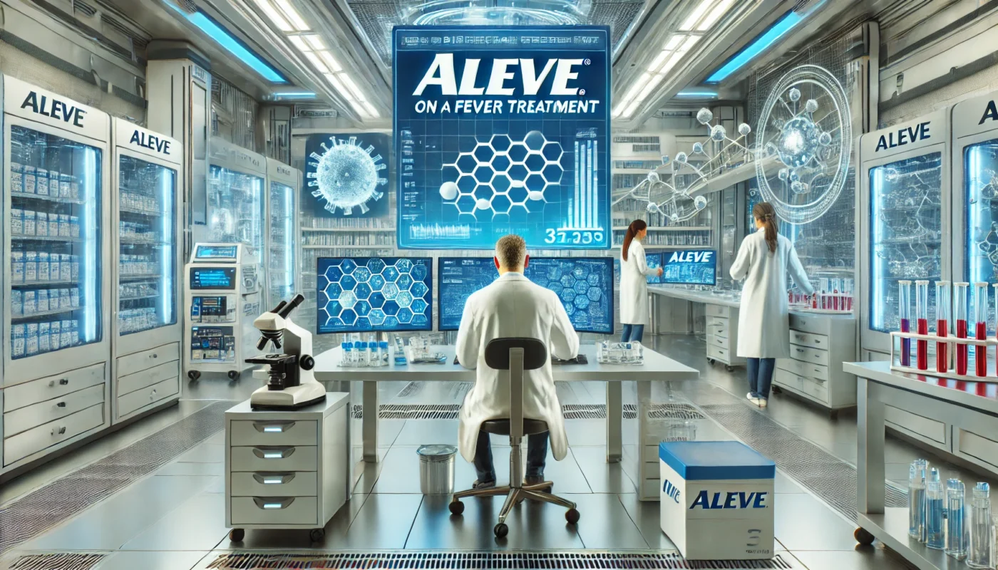 A futuristic medical research lab where scientists are analyzing the effectiveness of Aleve for fever treatment, surrounded by advanced pharmaceutical equipment and digital diagnostic tools."