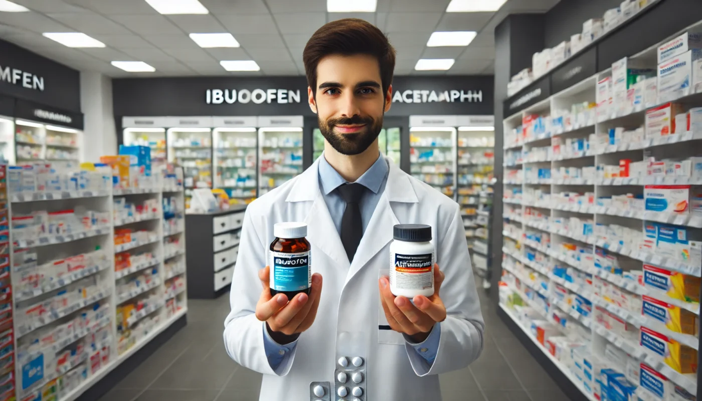 A professional pharmacist in a modern pharmacy holding two different bottles of pain relief medication, representing Ibuprofen and Acetaminophen. The setting is well-lit with neatly arranged medicine shelves in the background.