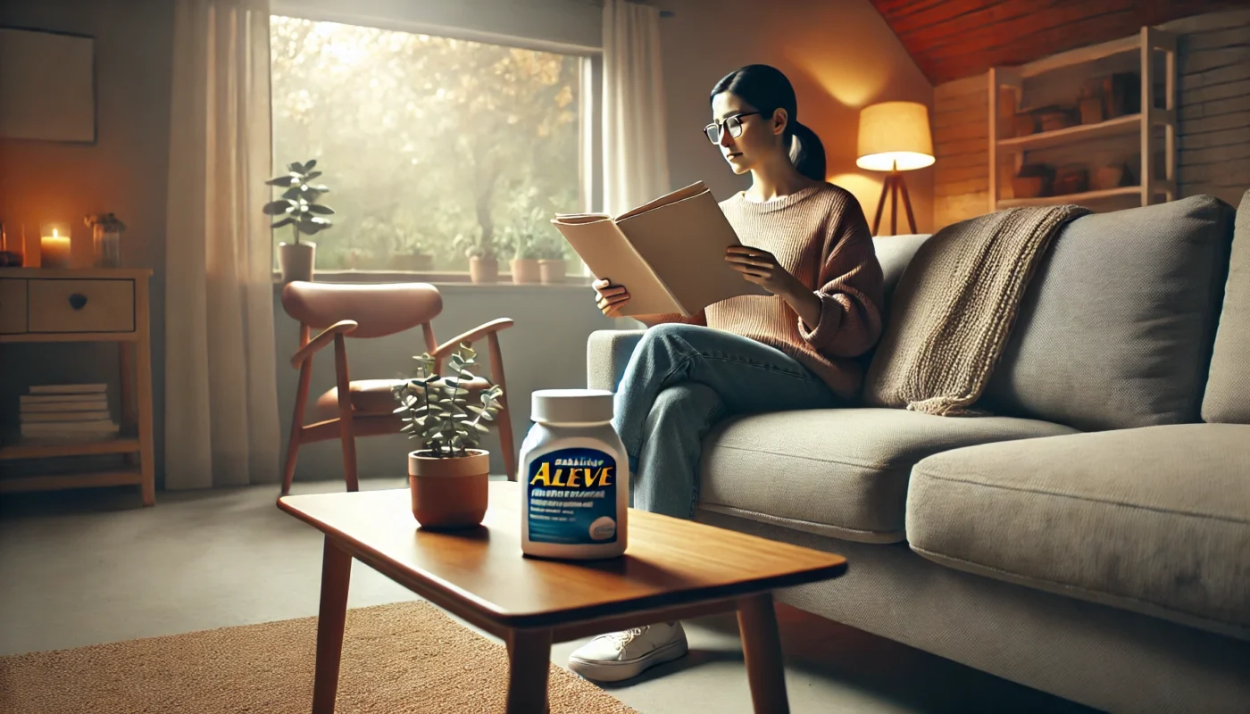 A serene home environment where a person is comfortably seated on a couch, holding a bottle of Aleve while reading the instructions. The setting is bright and cozy, with soft lighting and a peaceful atmosphere, emphasizing responsible medication use for sciatica relief.