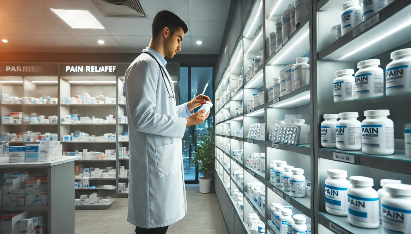 A modern hospital setting where a healthcare professional is preparing pain management medications. The scene includes a well-lit hospital pharmacy with organized shelves containing various pain relief medications. The focus is on a pharmacist in a white coat carefully handling a medication bottle, ensuring proper dosage for a patient. The environment is clean and sterile, emphasizing safety and precision in hospital pain management.