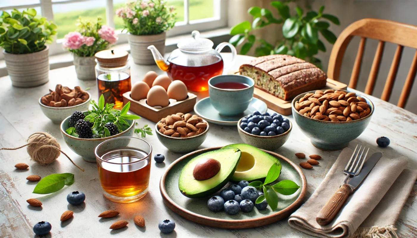 A serene breakfast table with a selection of anti-inflammatory foods, including avocados, almonds, blueberries, and herbal tea, arranged in a bright, naturally lit dining space to support back arthritis management through dietary changes."