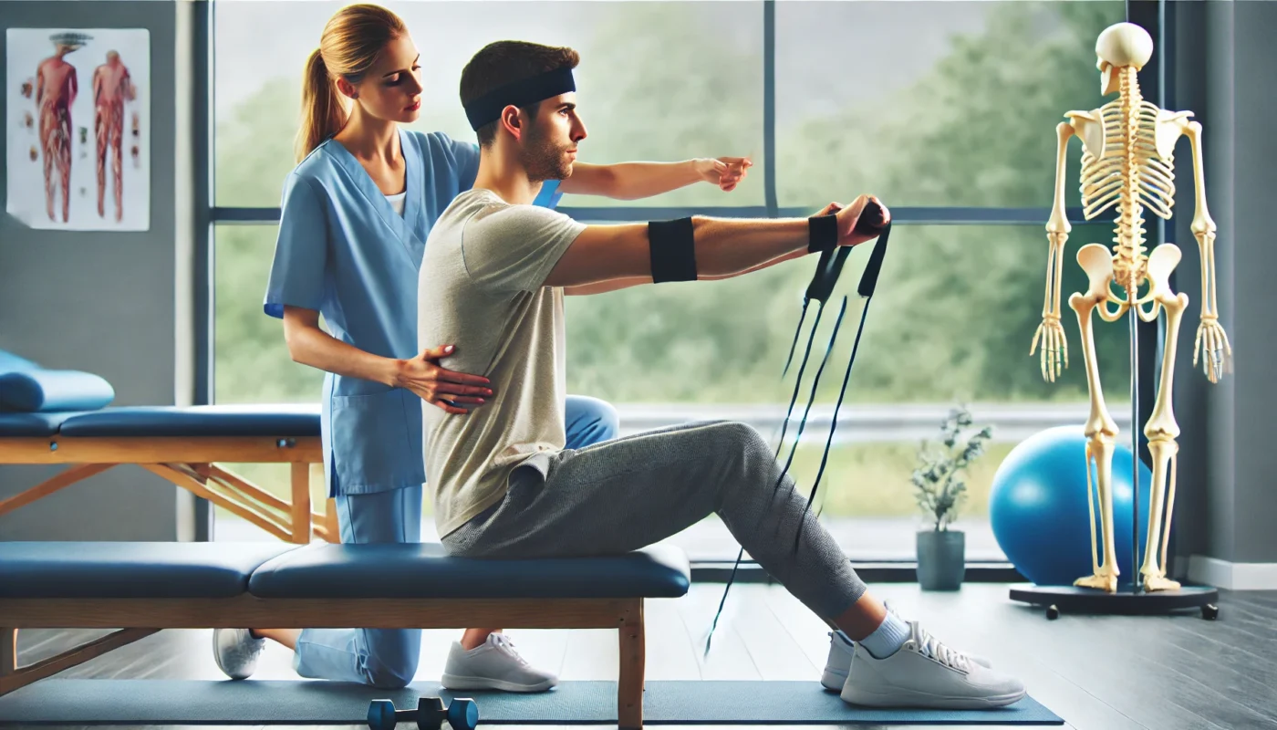 A modern rehabilitation center where a patient receives physiotherapy treatment. A therapist assists the patient with stretching and resistance band exercises, highlighting movement-based healing as an alternative to opioid medications.