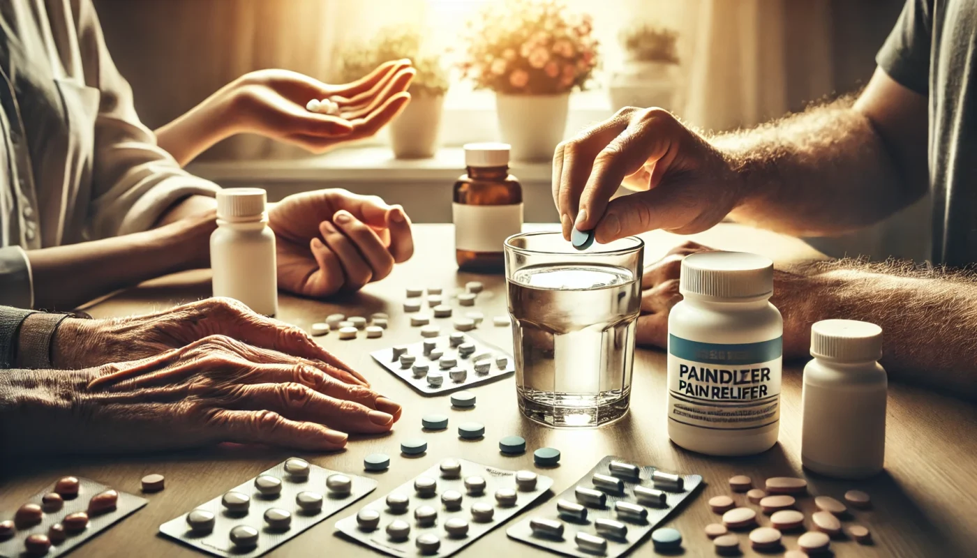 A home environment where multiple hands select pain relief options. One person takes a pill with water, while another applies a topical pain reliever, illustrating daily pain management choices.