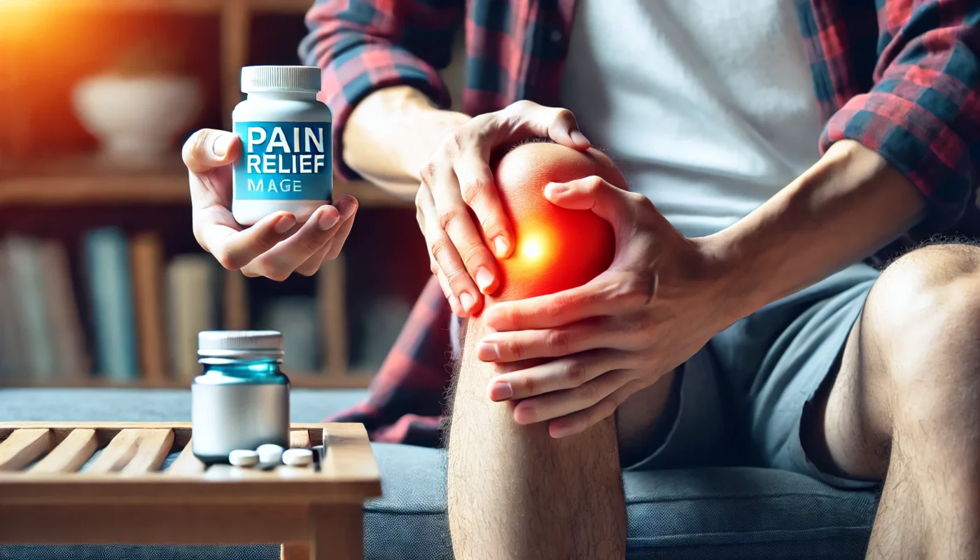 A person applying a topical pain relief gel to their sore knee while another takes an oral painkiller. The cozy home environment emphasizes everyday pain management strategies.