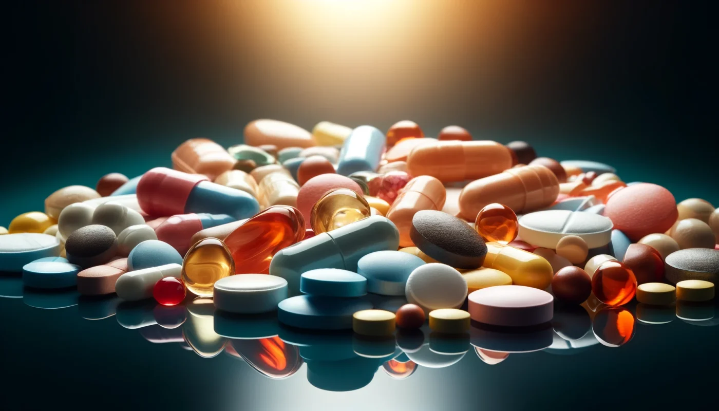 A close-up of various types of painkiller pills arranged on a reflective surface. The assortment includes tablets, capsules, and gel pills in different shapes and colors, highlighting the diversity of pain relief medications.