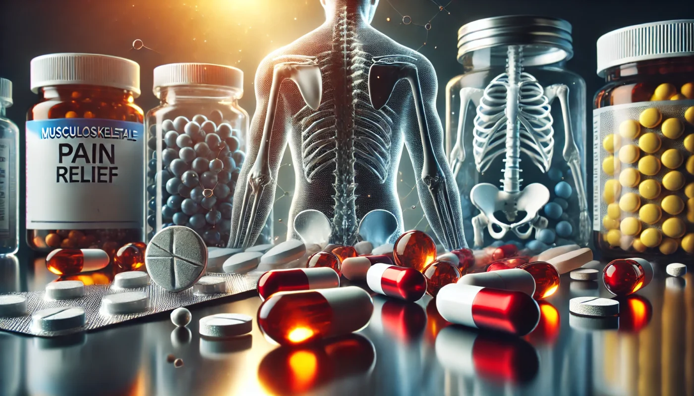 A close-up of different types of painkillers, including tablets, capsules, and gel pills, arranged on a reflective surface. The lighting highlights their textures, symbolizing the variety of treatment options for muscle and joint pain.