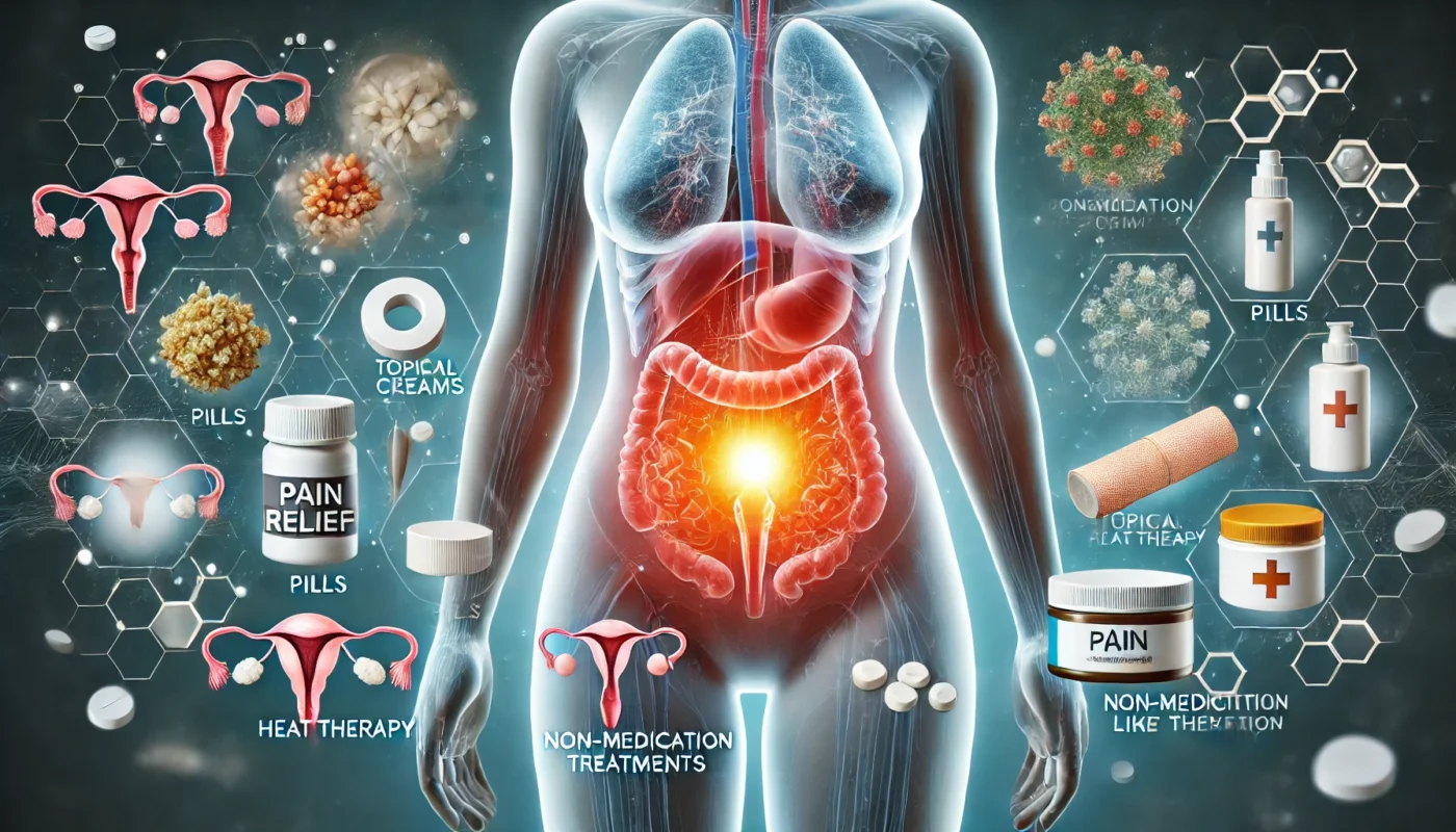 A conceptual image of a female body with a highlighted abdominal area, symbolizing post-surgical pain. Floating around are various pain relief methods, including pills, topical creams, and non-medication treatments like heat therapy, representing comprehensive recovery options.