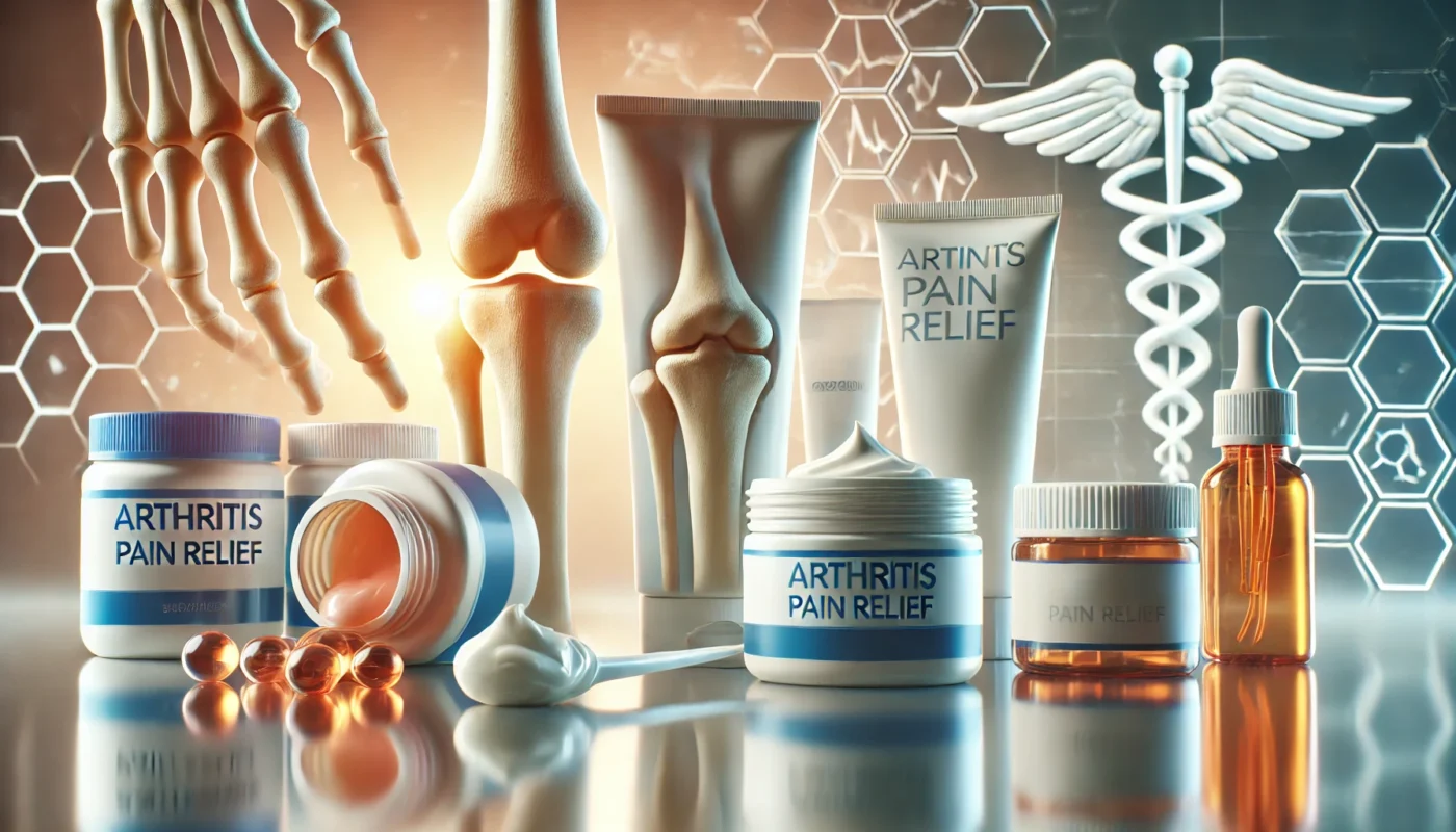 A close-up of different arthritis pain relief ointments in tubes, jars, and roll-on applicators. The products are arranged on a reflective surface with soft lighting, highlighting their textures and effectiveness for joint pain relief.