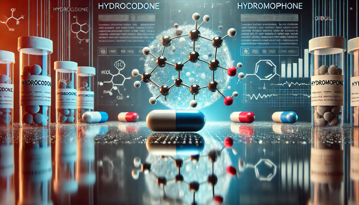 A conceptual medical visualization comparing Hydrocodone and Hydromorphone. Two distinct pill types are displayed on a reflective surface, surrounded by floating molecular structures representing their chemical composition. The background features a high-tech medical setting, symbolizing pharmaceutical research and opioid classification.