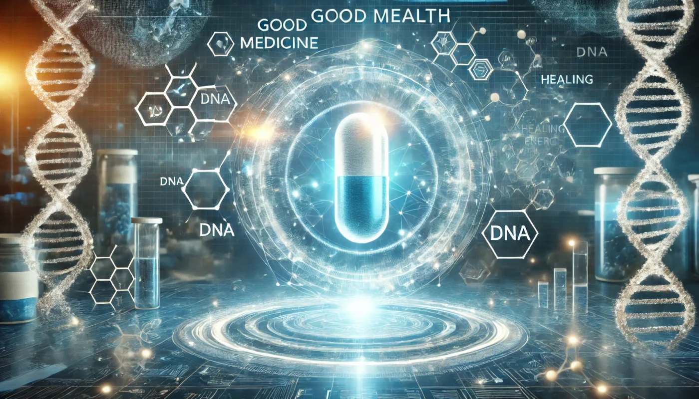 A glowing digital representation of a pill surrounded by molecular structures, DNA strands, and healing energy waves. The background features a high-tech laboratory setting, symbolizing pharmaceutical advancements and effective treatments.