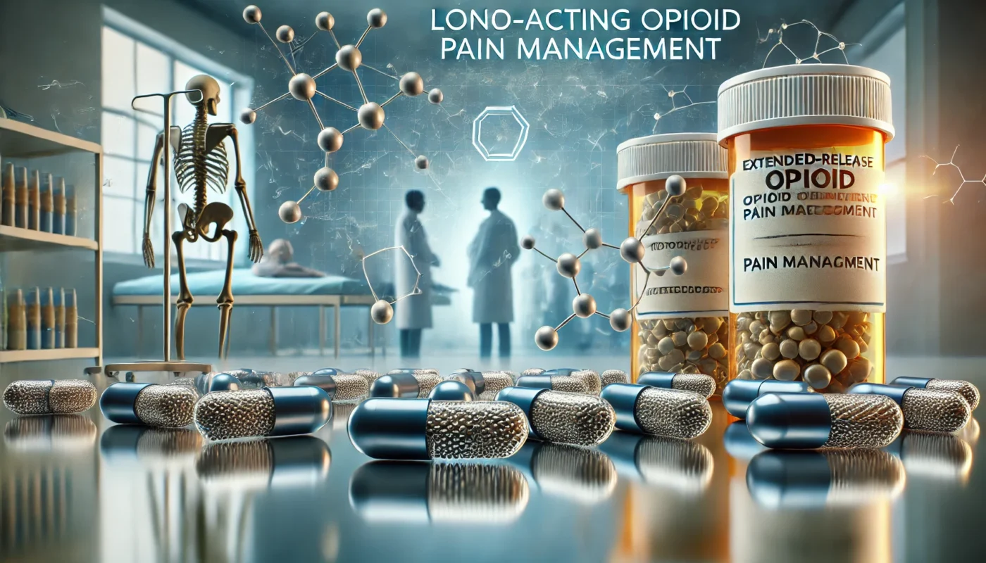 A set of extended-release opioid capsules and tablets displayed on a reflective surface, surrounded by floating molecular structures symbolizing their chemical composition. The background features a clinical setting, representing controlled and responsible pain management.