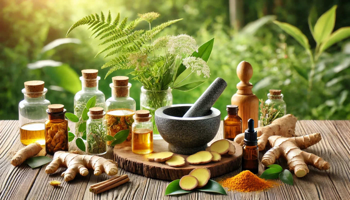 A serene natural setting featuring a collection of herbal pain relief remedies, including fresh turmeric root, ginger, willow bark, and essential oils in glass bottles. A mortar and pestle with crushed herbs symbolize natural alternatives to synthetic pain medications.