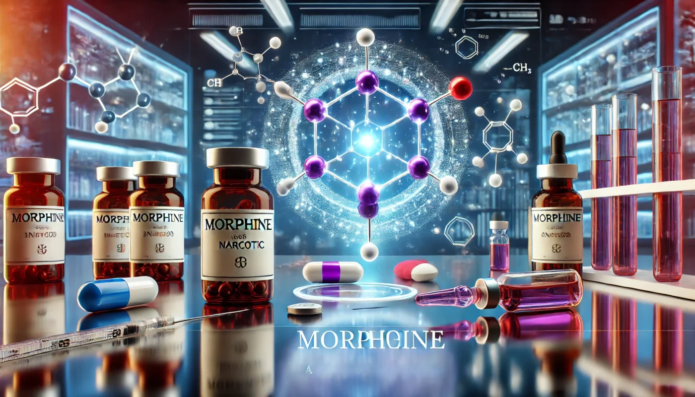 A set of morphine pills and vials displayed on a reflective surface, surrounded by glowing molecular structures representing its chemical composition. The background features a high-tech medical laboratory setting, symbolizing pharmaceutical classification and controlled substances.