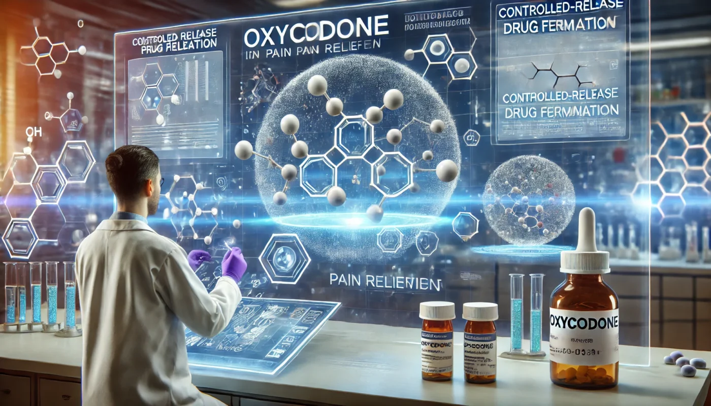 A high-tech pharmaceutical research laboratory where scientists analyze oxycodone’s properties for pain relief. A researcher in a lab coat examines molecular structures on a holographic display, surrounded by digital charts and controlled-release drug formulation visuals.