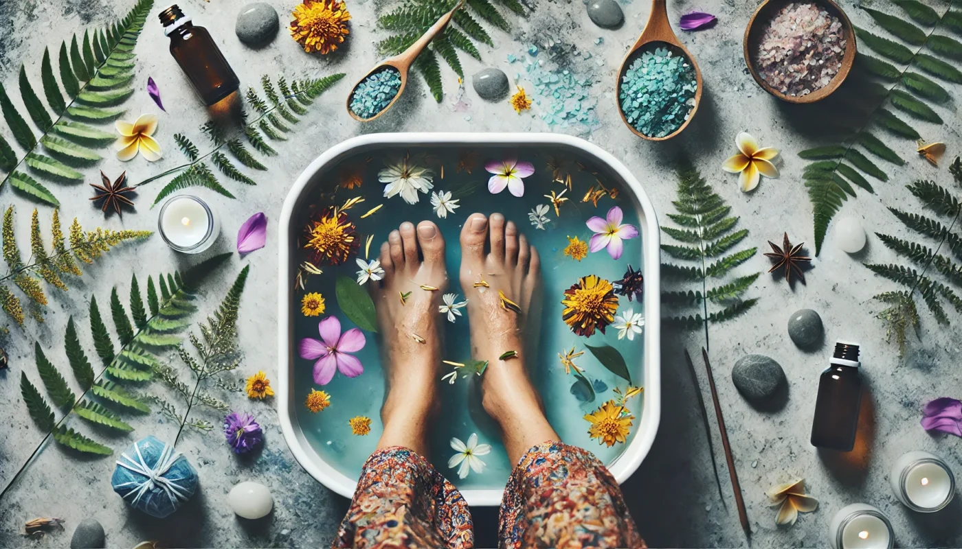 A person soaking their feet in a warm herbal bath infused with Epsom salts and essential oils. The scene includes floating flower petals and a calming home spa environment, representing natural detoxification and joint pain relief.