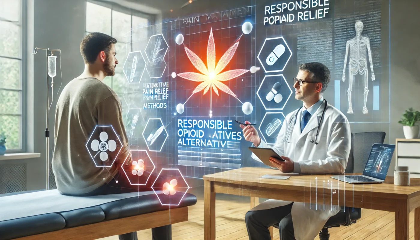 A doctor discussing alternative pain relief methods with a patient in a clinical environment. Floating digital charts display pain relief progress and treatment plans, symbolizing responsible opioid alternatives.