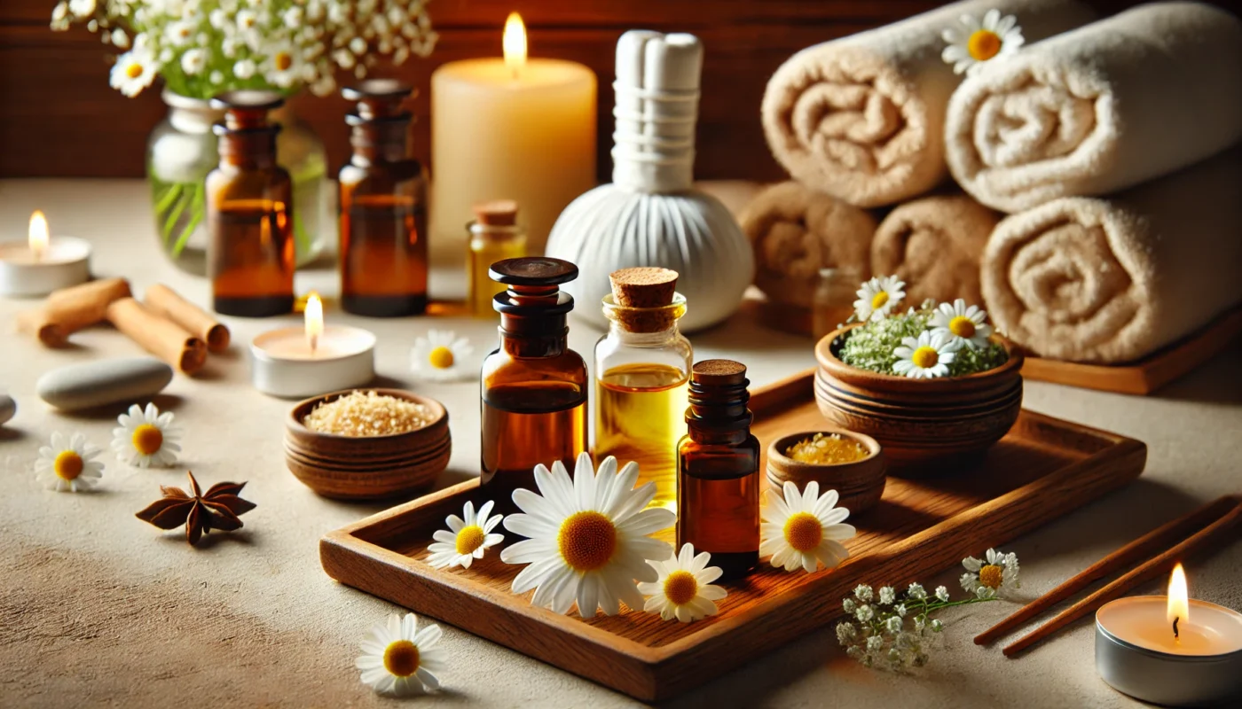 A wooden tray holds glass bottles of chamomile, frankincense, and ginger essential oils alongside small bowls of herbal extracts. The background features warm candlelight and soft towels, symbolizing relaxation and natural pain management.